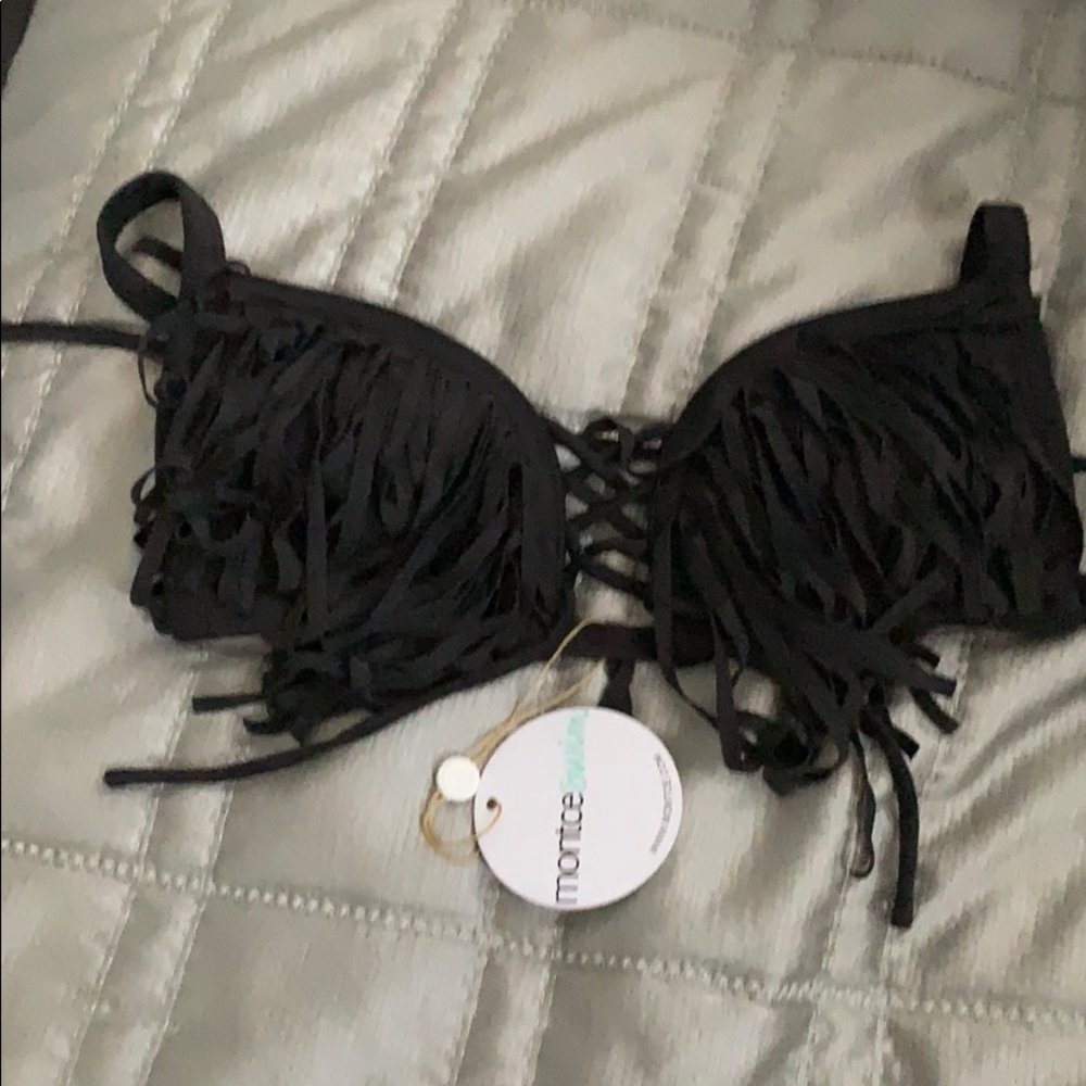Montce swim black faux suede fringe top